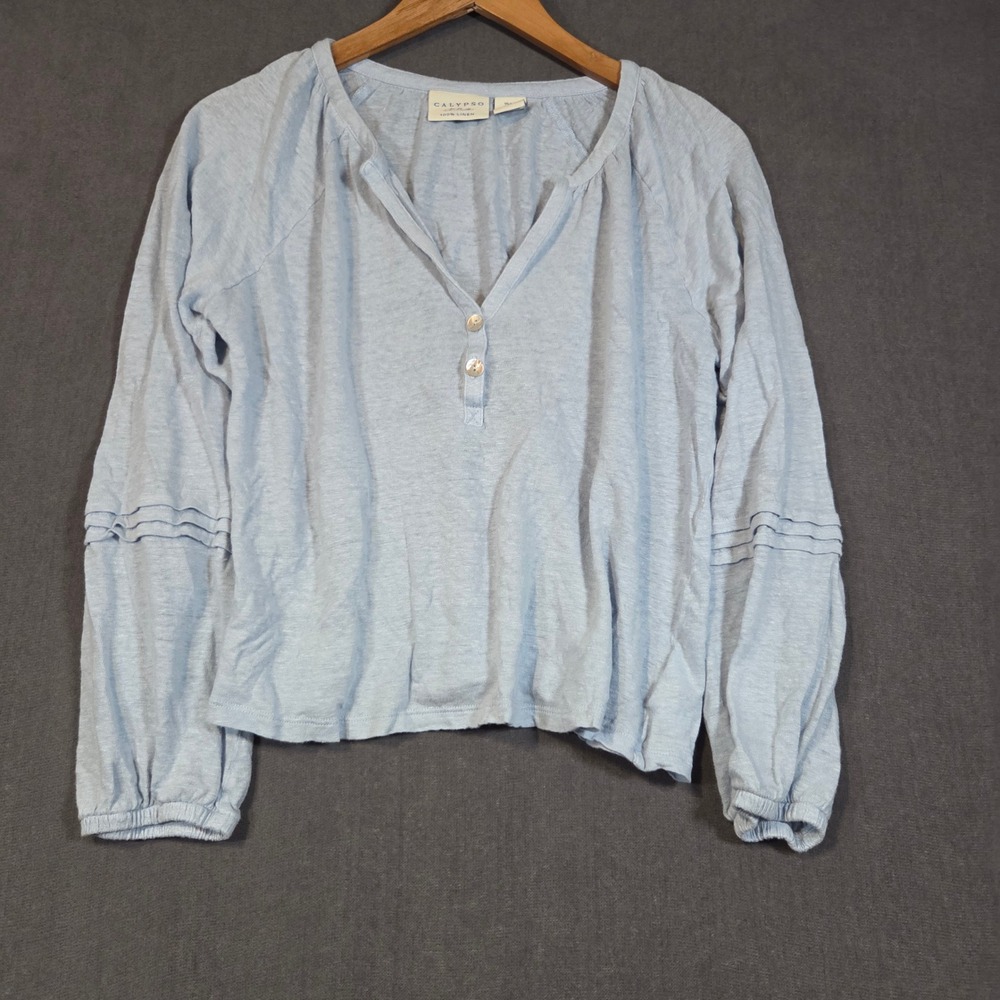 Calypso St. Barth Linen Blouse Womens Large Light Blue Pintuck Raglan Top